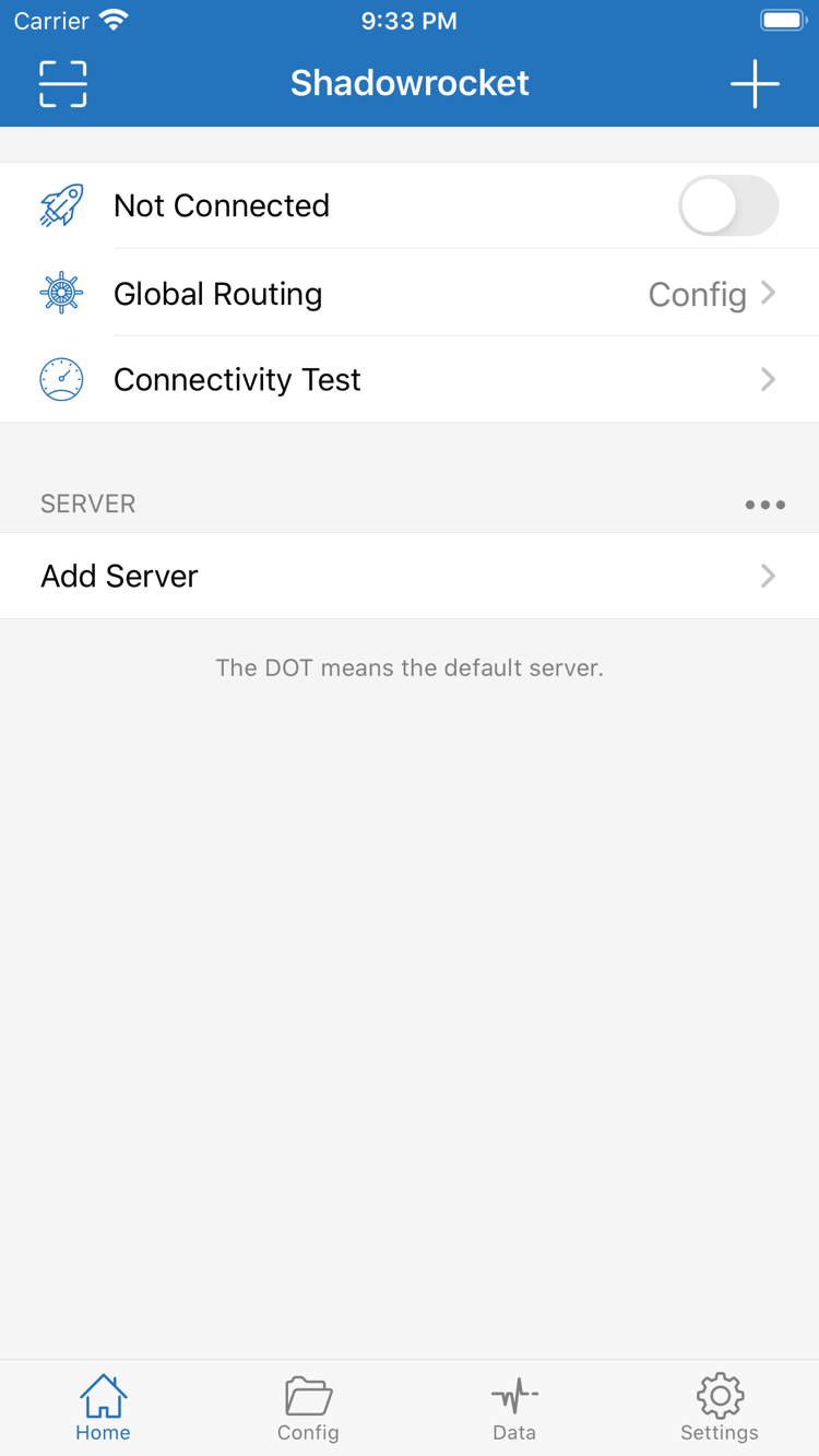 Official Shadowrocket Home screenshot showing the Not Connected switch, Global Routing, Connectivity Test, the SERVER group, and Add Server