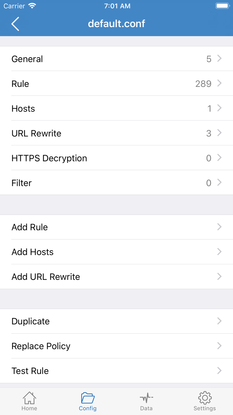 Official Shadowrocket Config screenshot showing the General, Rule, Hosts, URL Rewrite, and HTTPS Decryption sections, and Add Rule